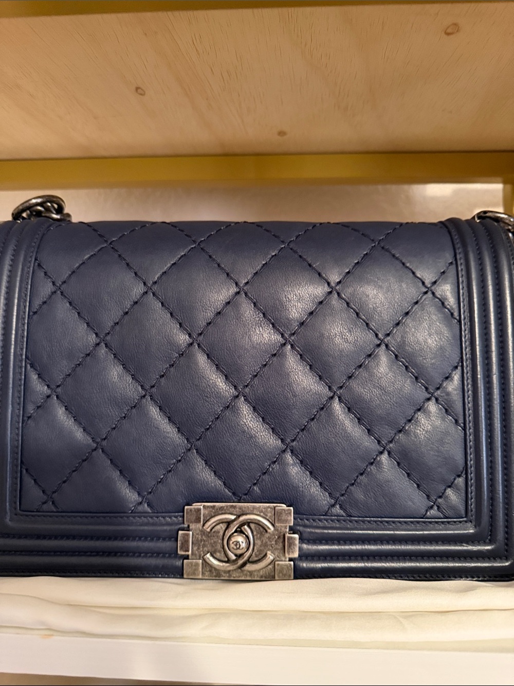 CHANEL Navy Quilted Leather Shoulder Bag with Silver Hardware, Calf skin leather - Picture 1 of 2